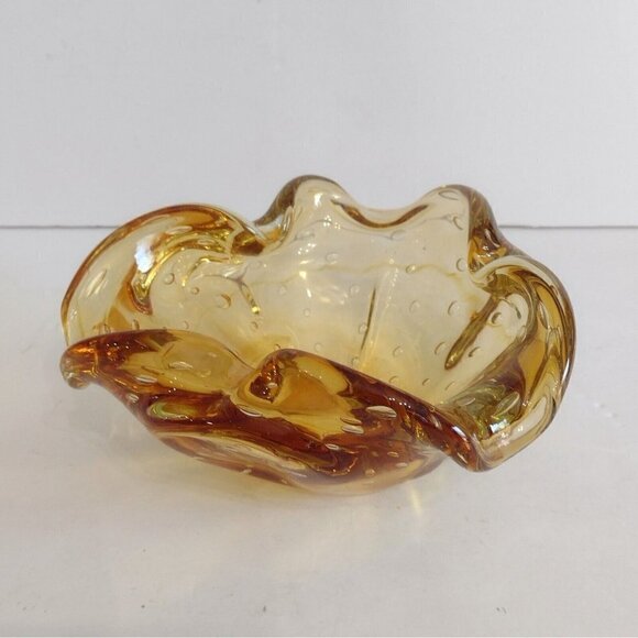 Murano Other - Vintage Murano Heavy Glass Bullicante Bowl Dish Amber Curled Edge